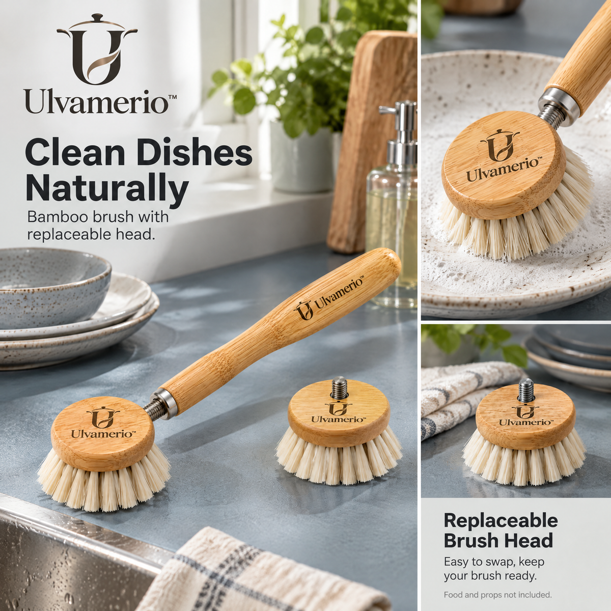 BambooBrush reusable handle and two dish-cleaning heads