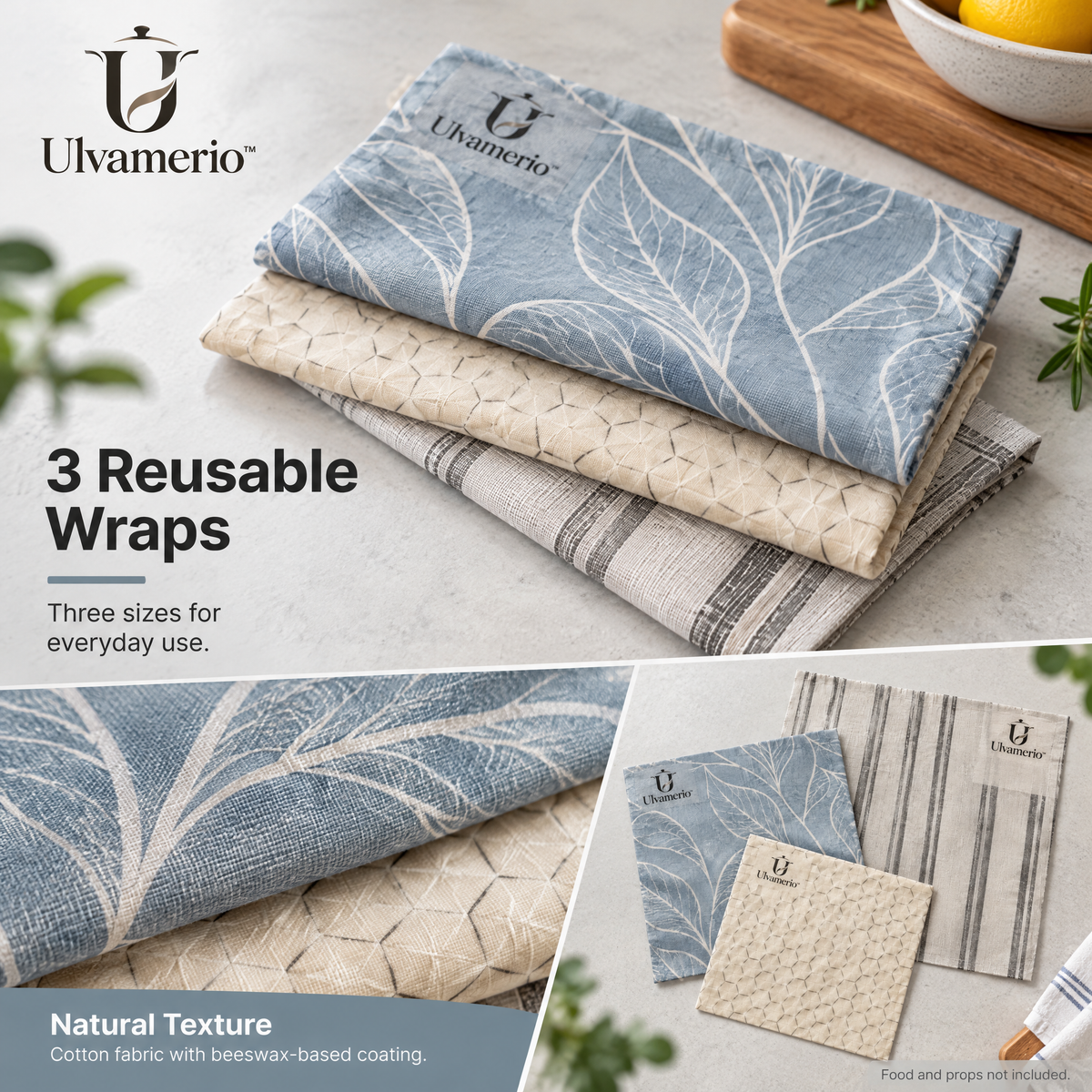 Ulvamerio BeeFresh three-piece reusable beeswax wrap set — product view 3
