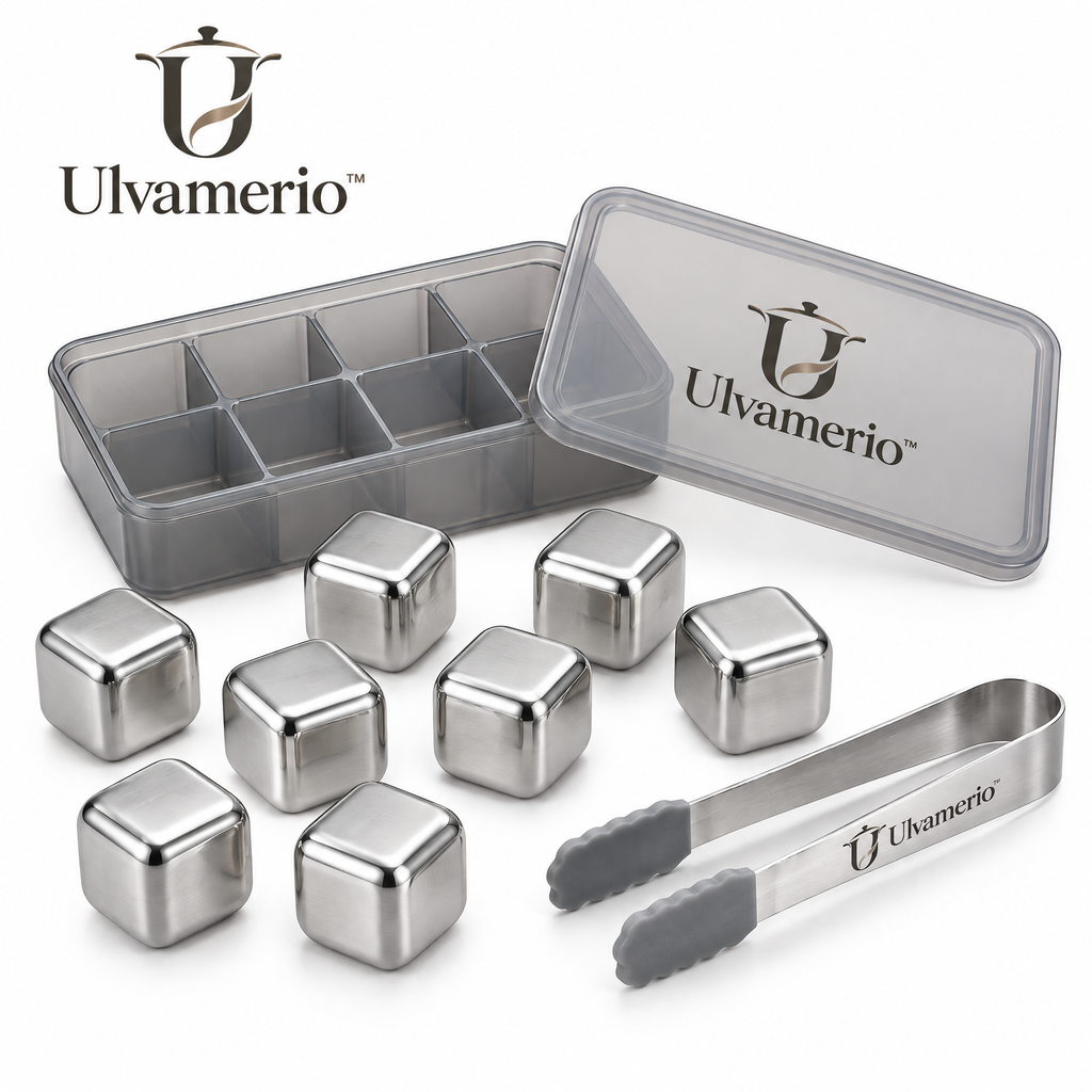 Ulvamerio ChillStone set of eight reusable stainless steel cubes with tongs and storage case