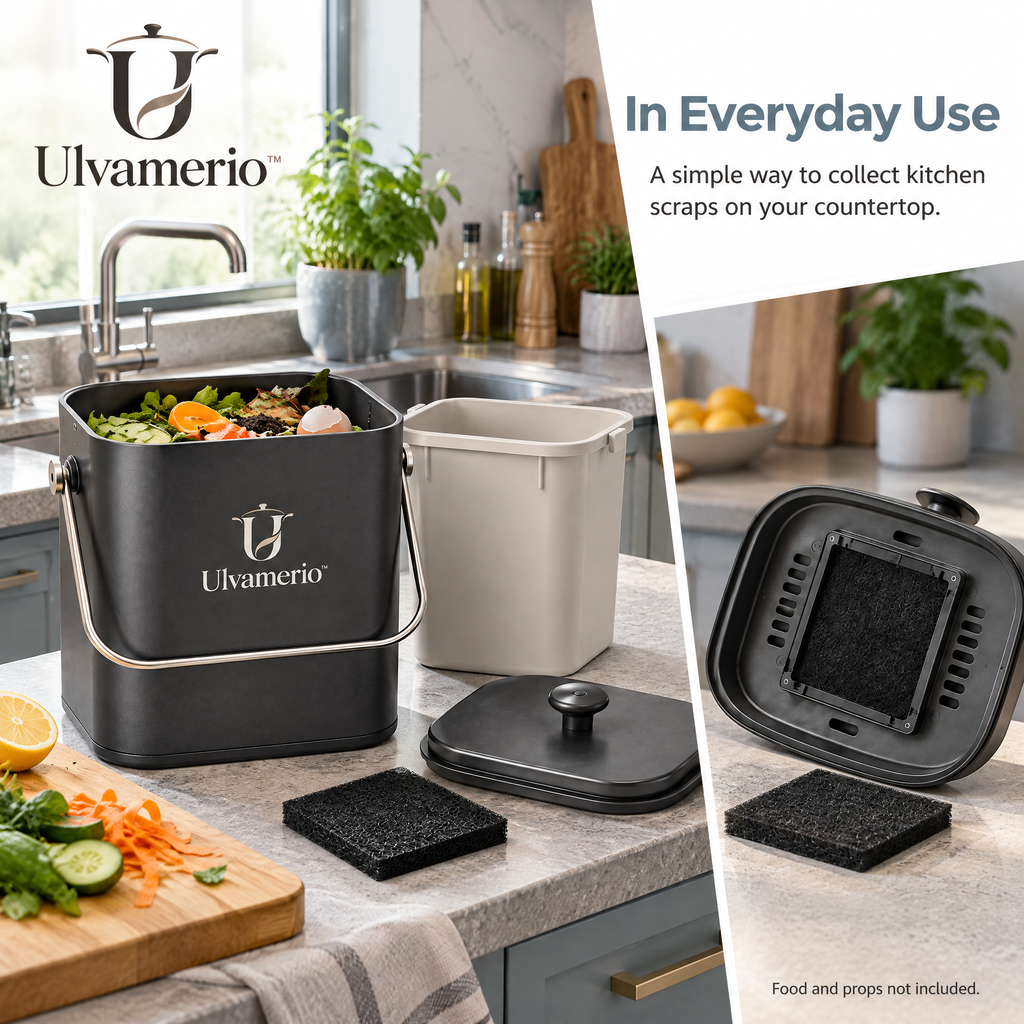 CompostMate reusable food scrap bin on a kitchen countertop