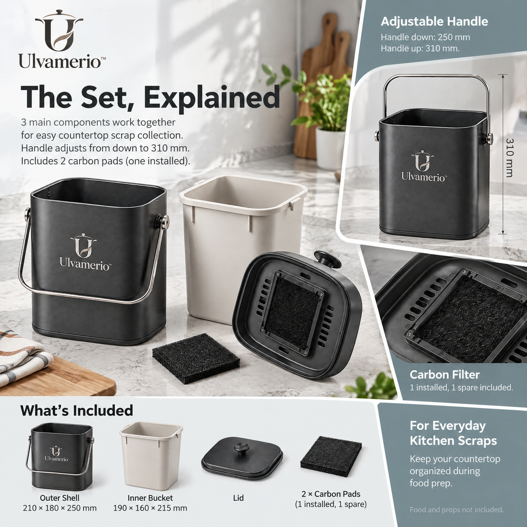 CompostMate set with outer shell, inner bucket, lid and two carbon pads