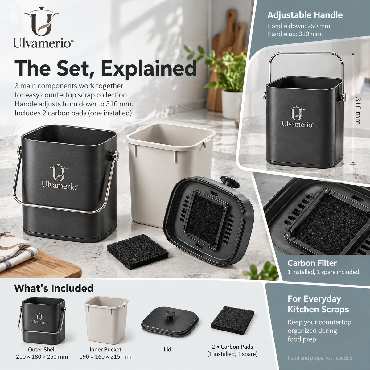 CompostMate set with outer shell, inner bucket, lid and two carbon pads