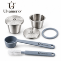Ulvamerio EcoPod two reusable stainless steel coffee capsules with lids, seals, scoop and cleaning brush