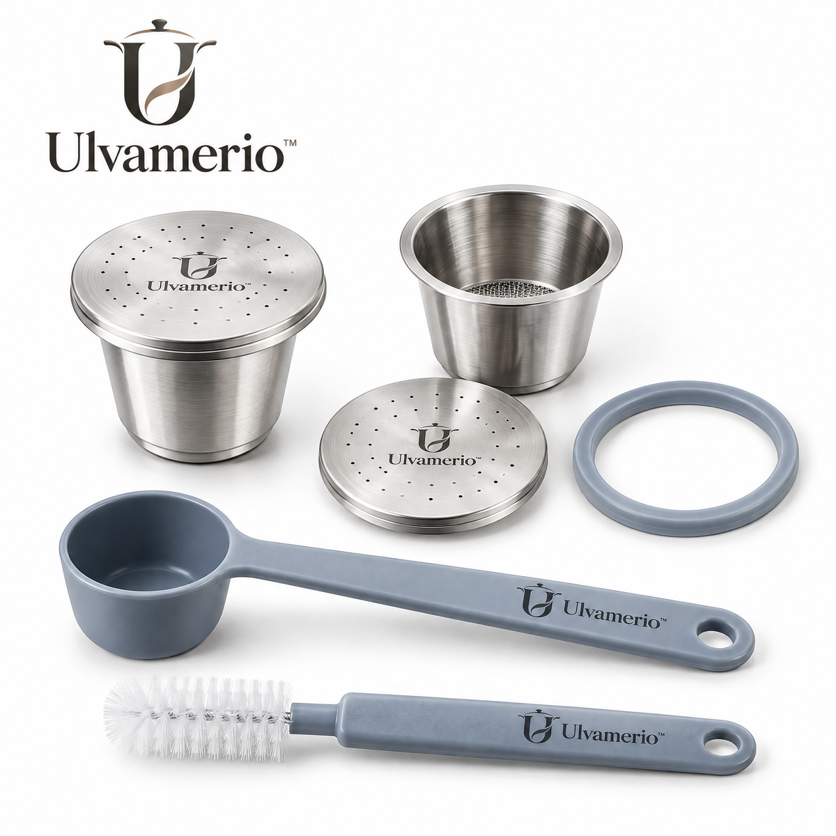 Ulvamerio EcoPod two reusable stainless steel coffee capsules with lids, seals, scoop and cleaning brush