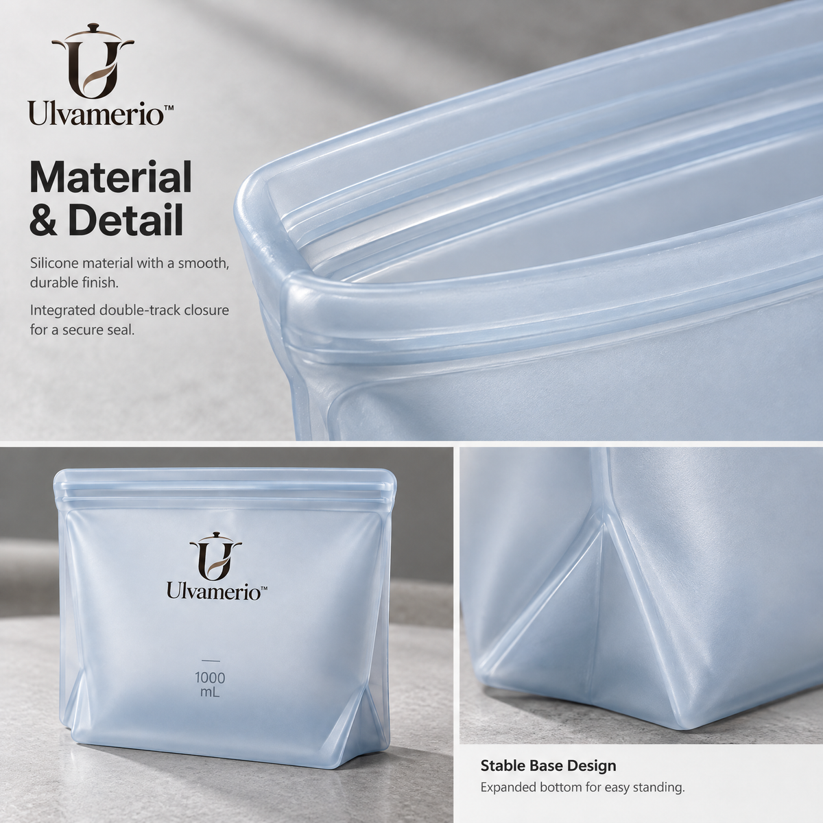 EcoSeal silicone material, integrated double-track closure and expanded base