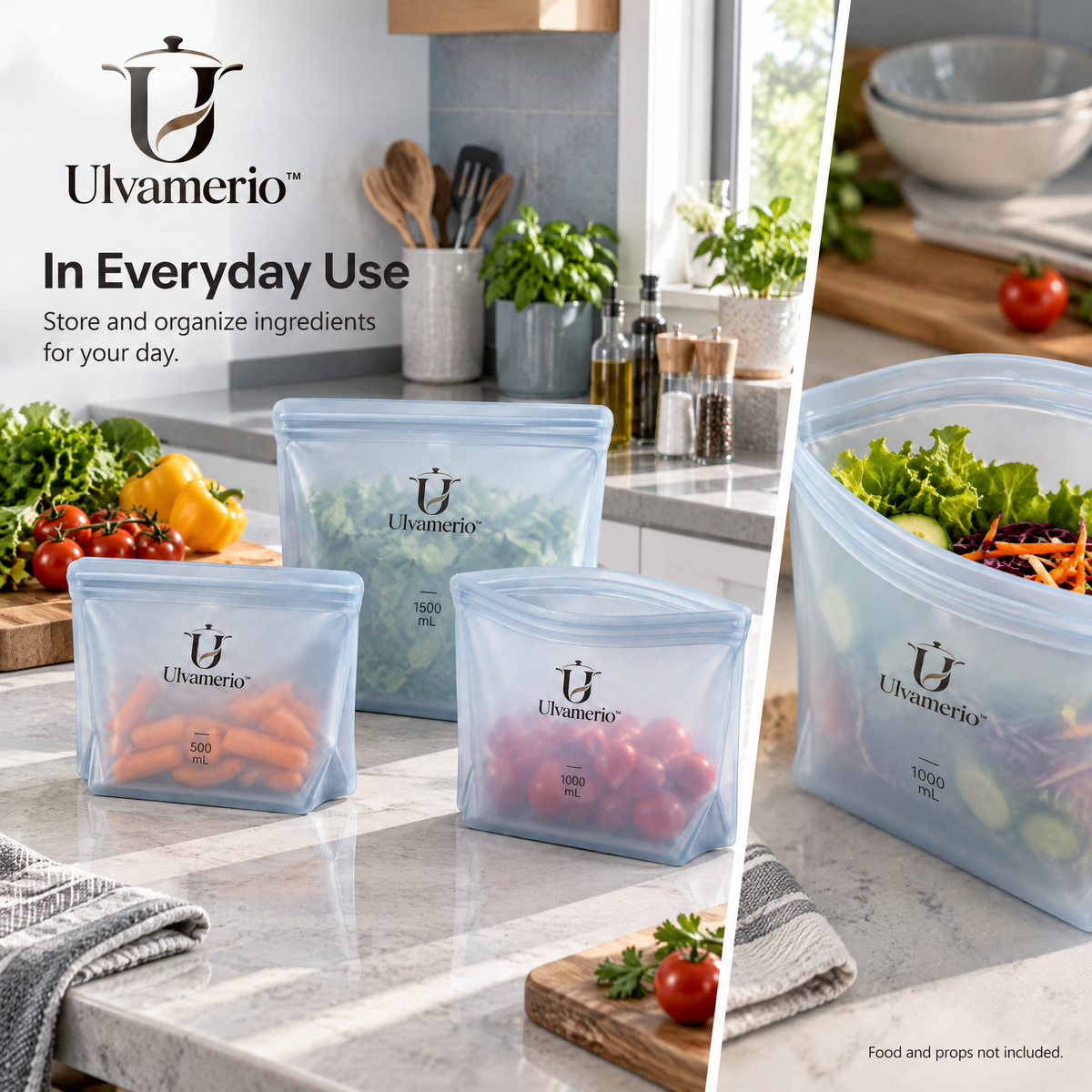 EcoSeal reusable silicone bags for organizing ingredients in the kitchen