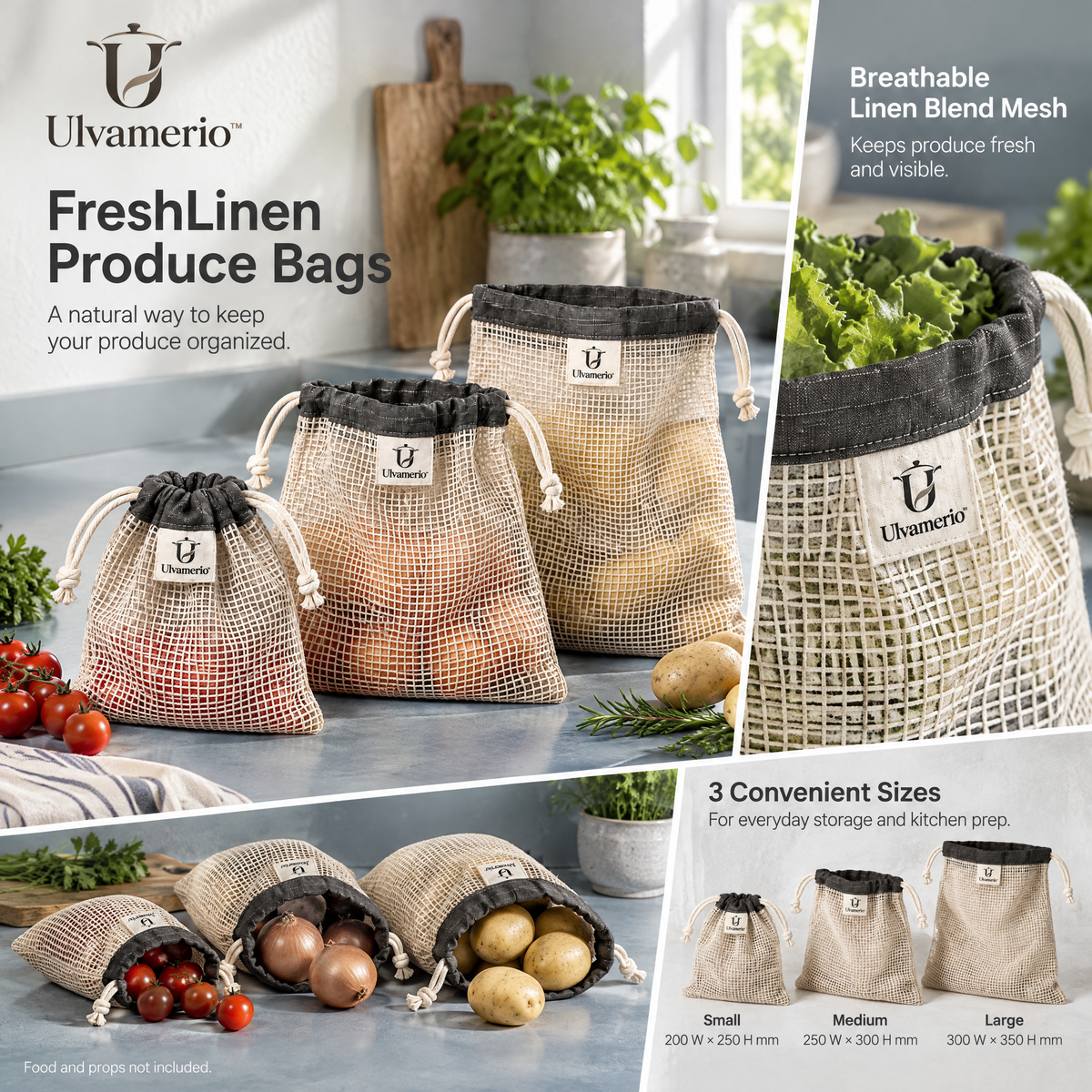 FreshLinen three reusable produce bags in small, medium and large sizes
