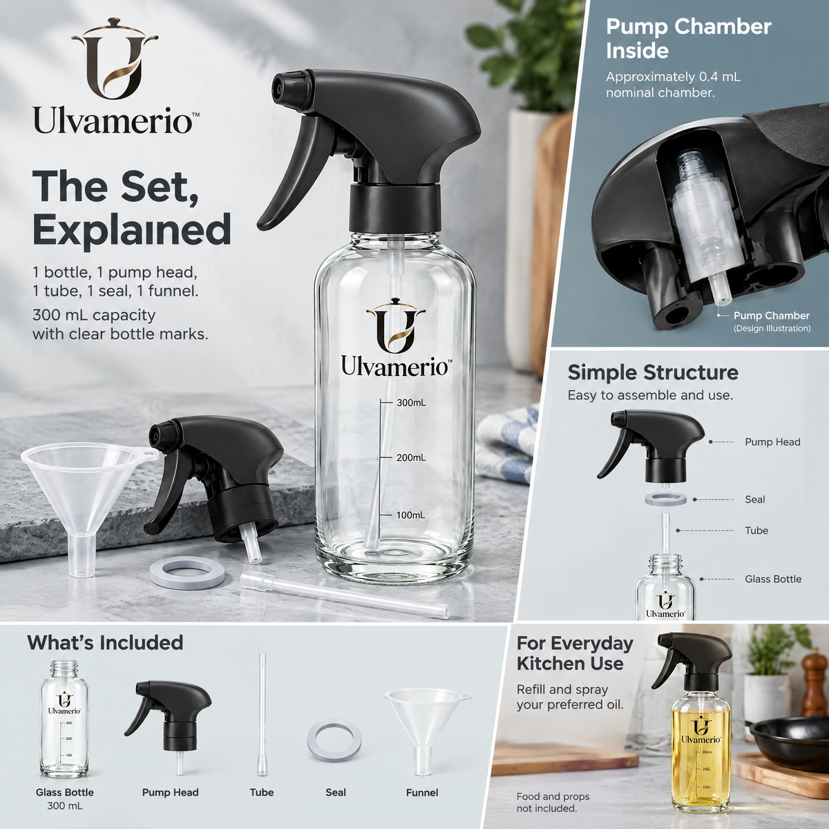 FreshMist glass bottle, pump, tube, silicone seal and funnel