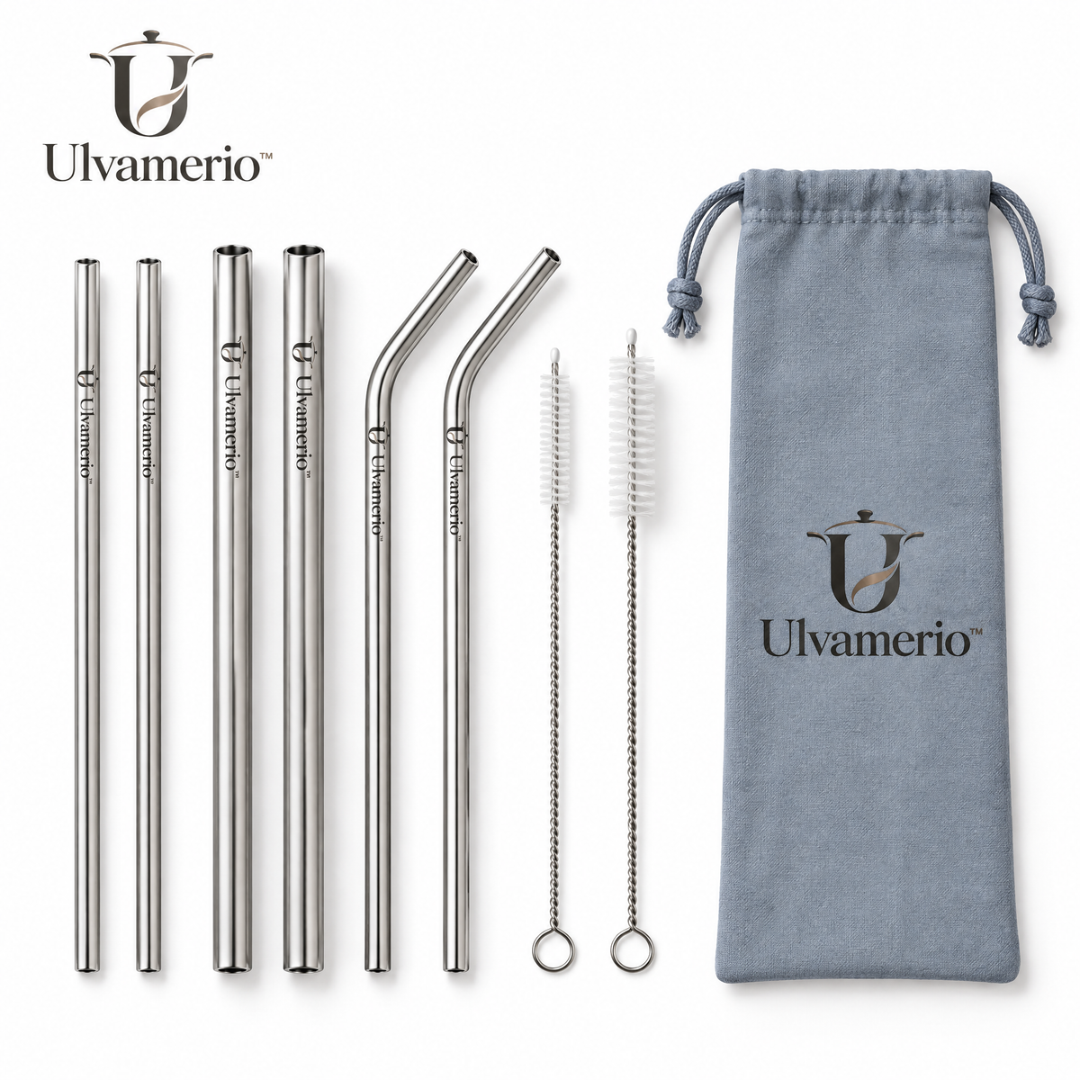 Ulvamerio PureStraw set with six stainless steel straws, two cleaning brushes and a cotton pouch