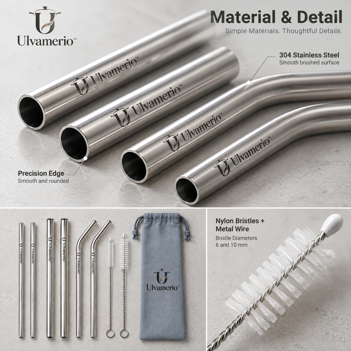 PureStraw 304 stainless steel straws, rounded rims and nylon-bristle cleaning brushes