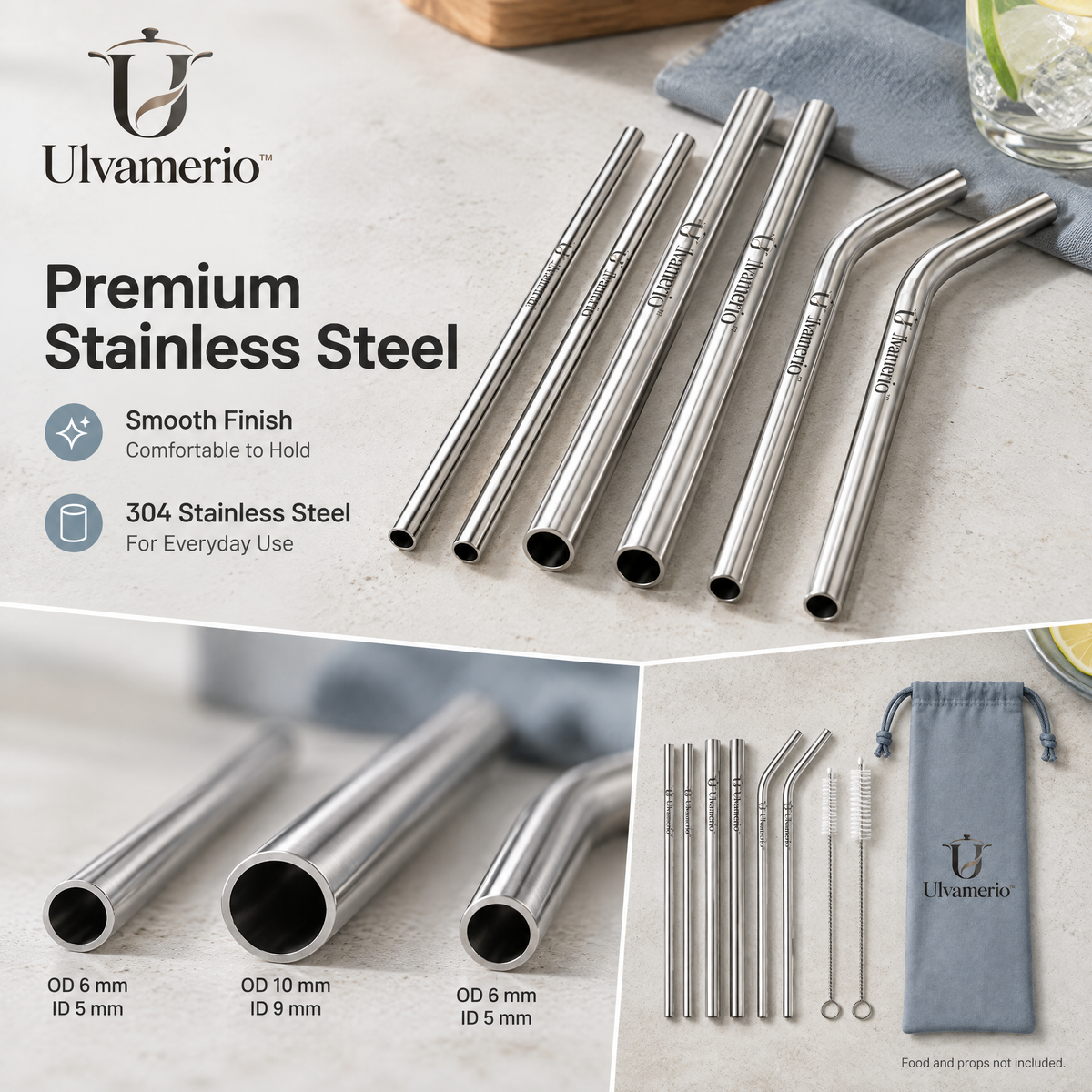 PureStraw thin and wide stainless steel drinking straws with a brushed finish